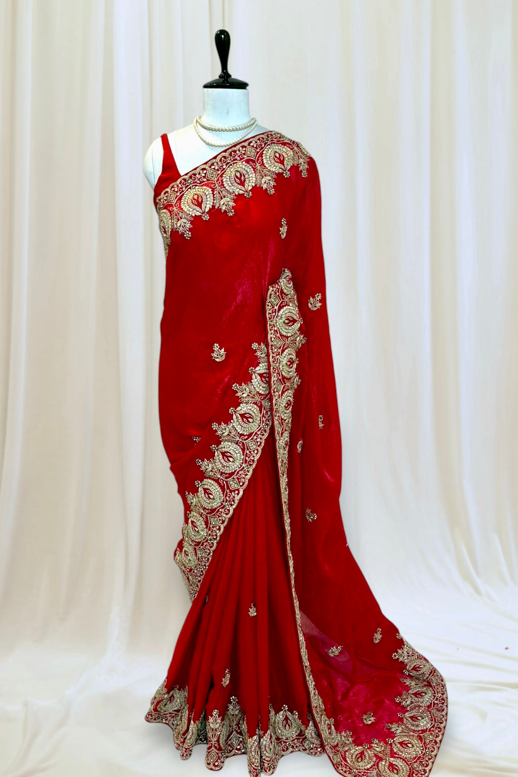 Red fendy satin embellished saree