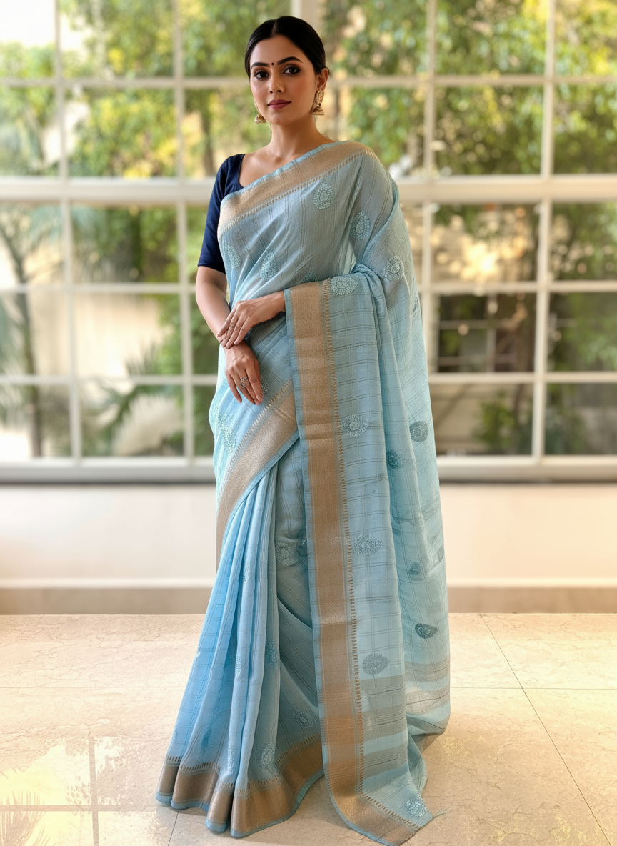 Soft embroidered zari cotton saree - Powder Blue
