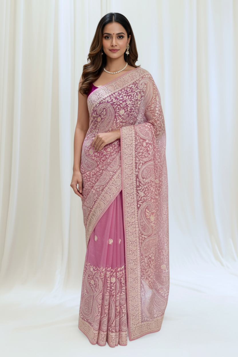 Kashmiri work soft organza saree