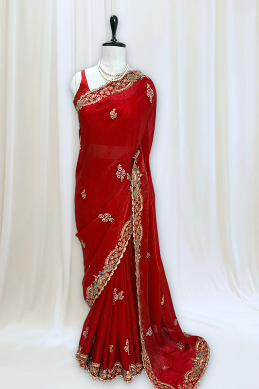 Red embellished fendy satin saree
