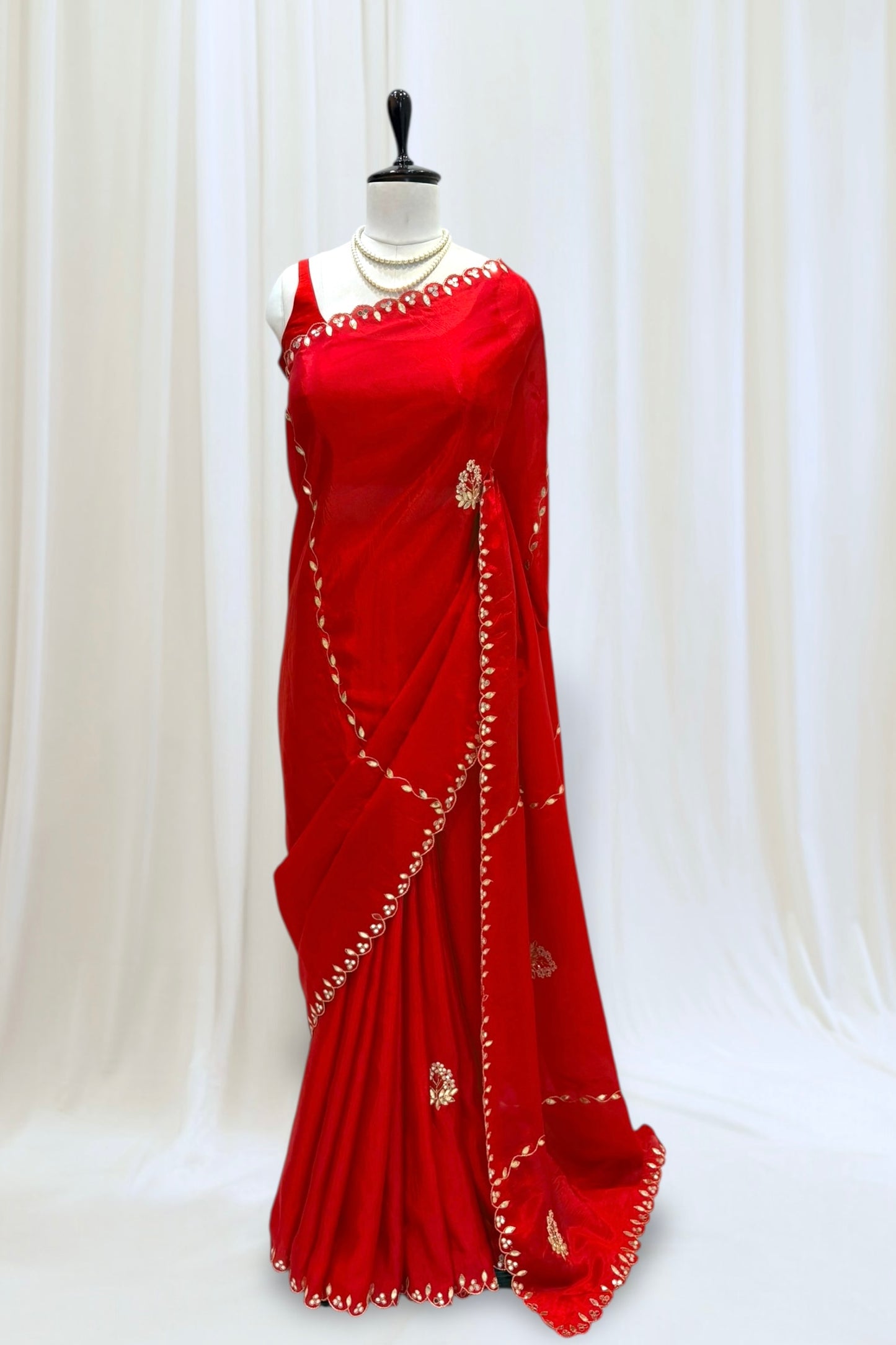 Red scallop gotta pati soft organza saree