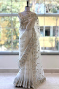 White organza sequins embellished saree