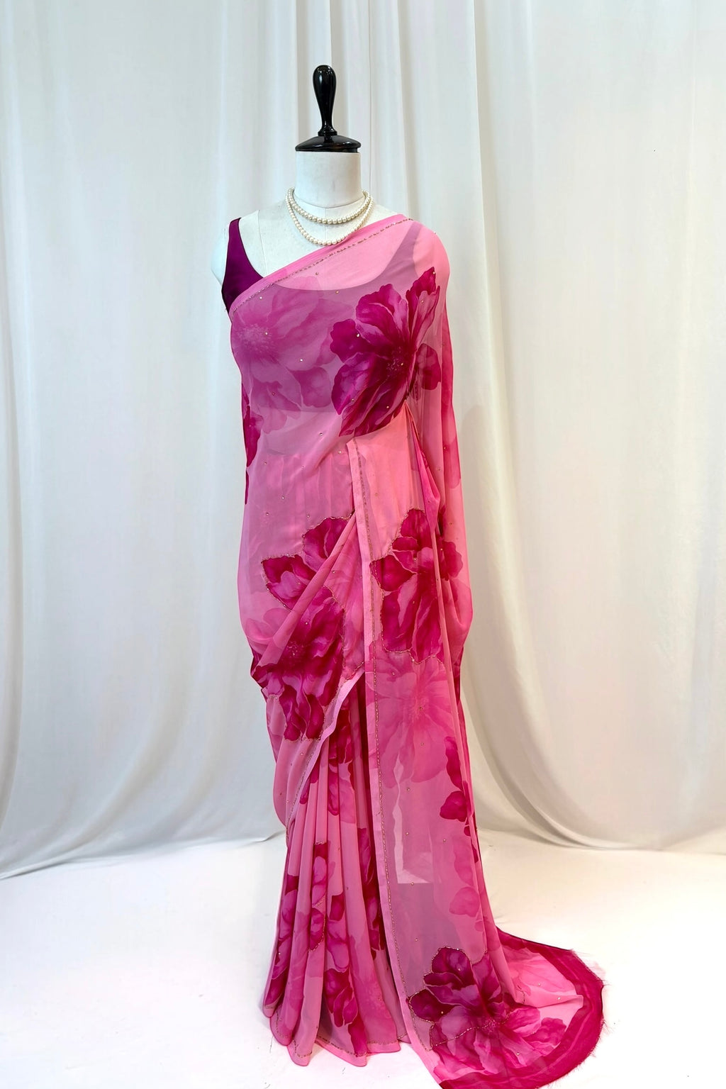 Pink floral embellished chiffon saree