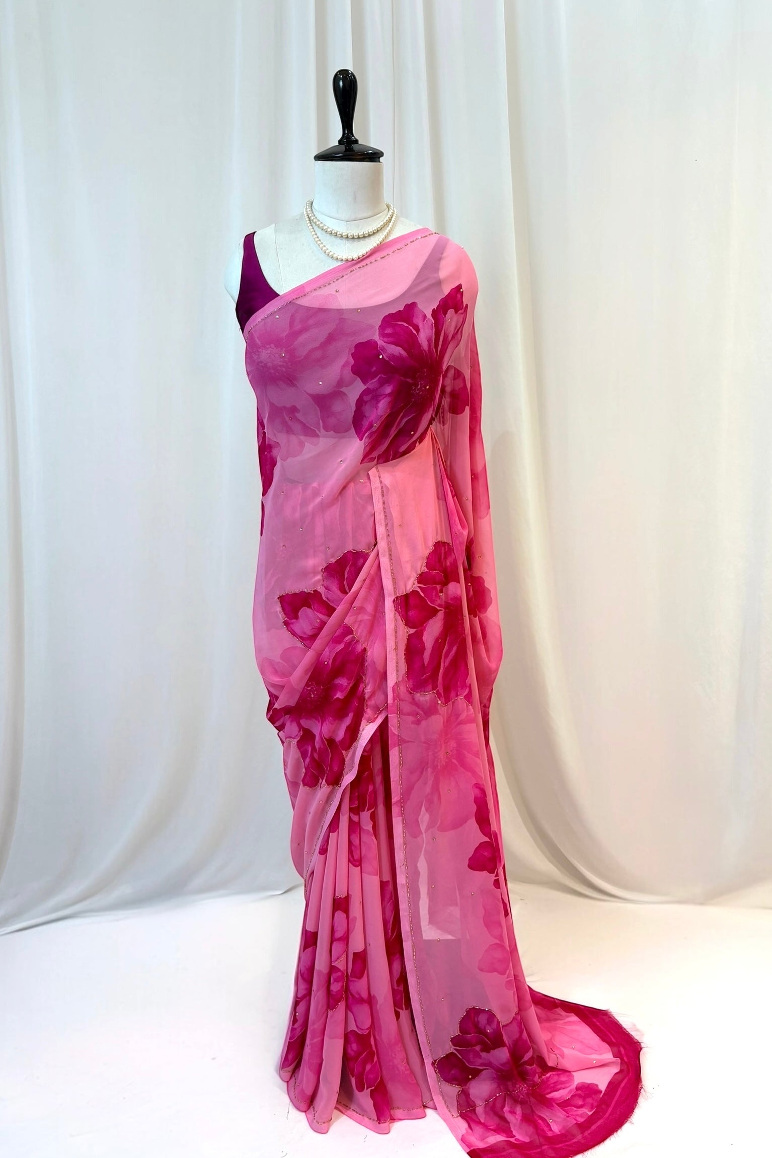 Pink floral embellished chiffon saree