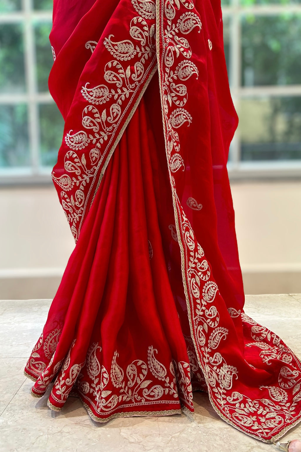 Satin chiffon aariwork saree - Red