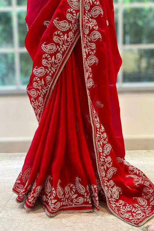 Aariwork satin chiffon saree - Red