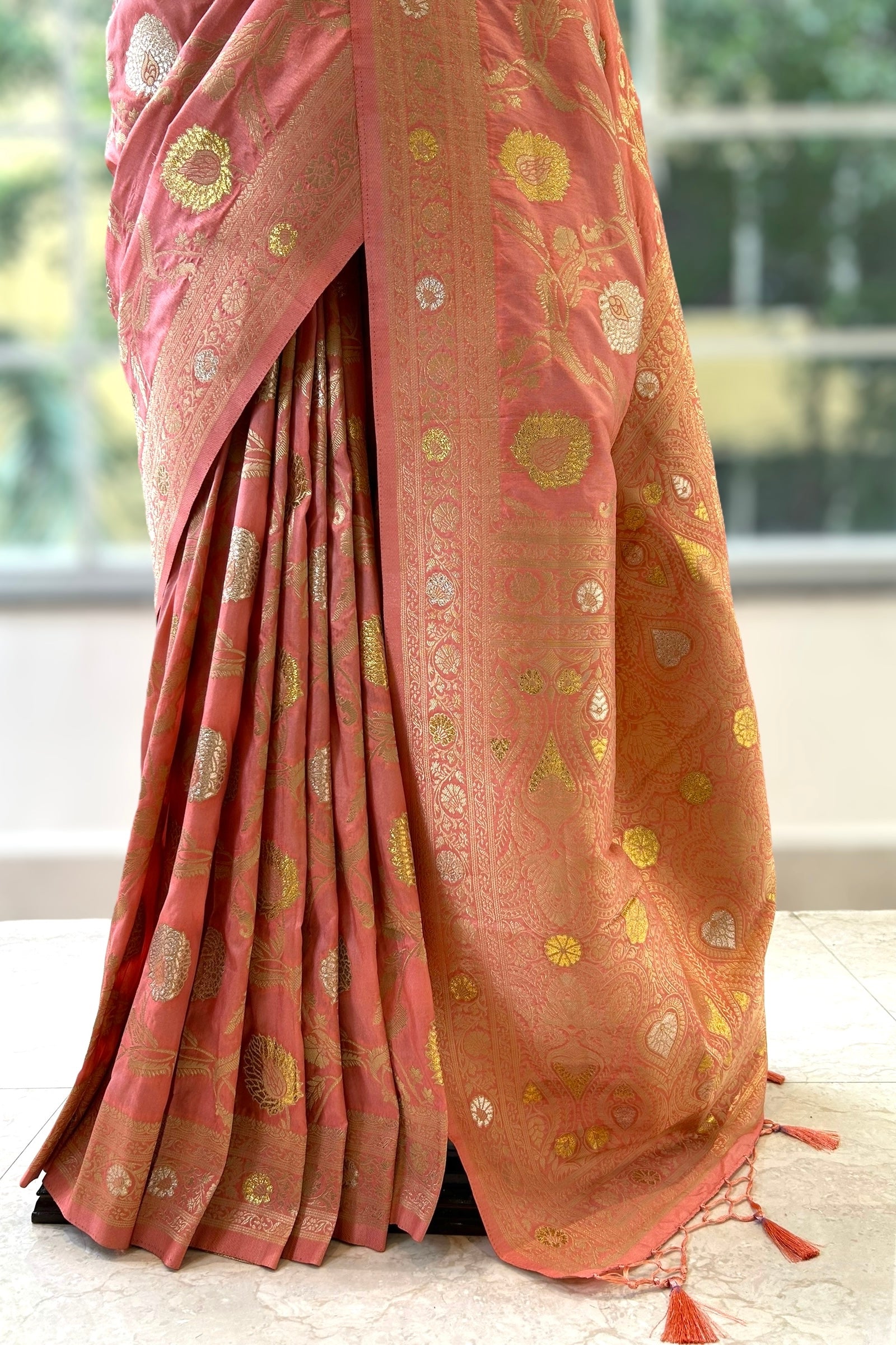 Peach silver golden soft silk saree