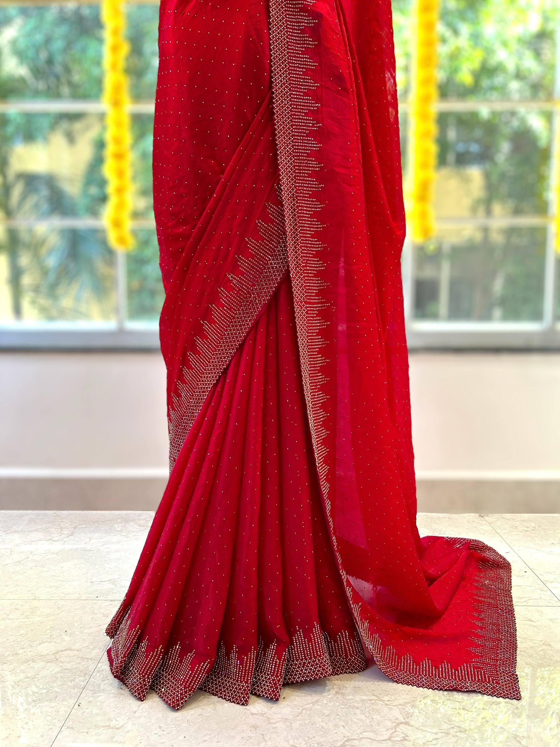 Red shimmer organza embellished saree