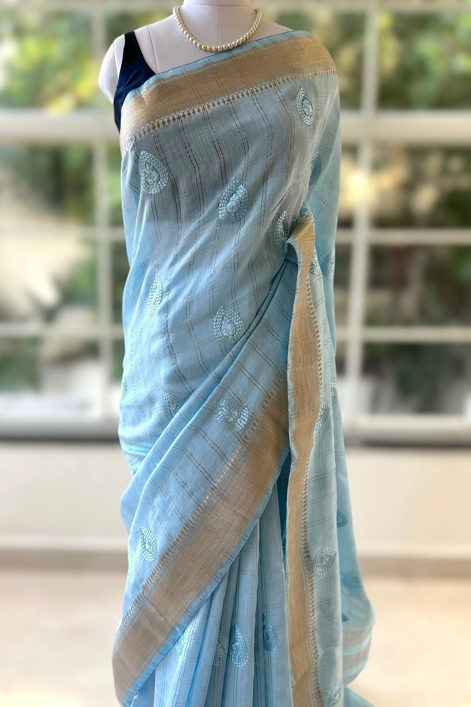 Soft embroidered zari cotton saree - Powder Blue