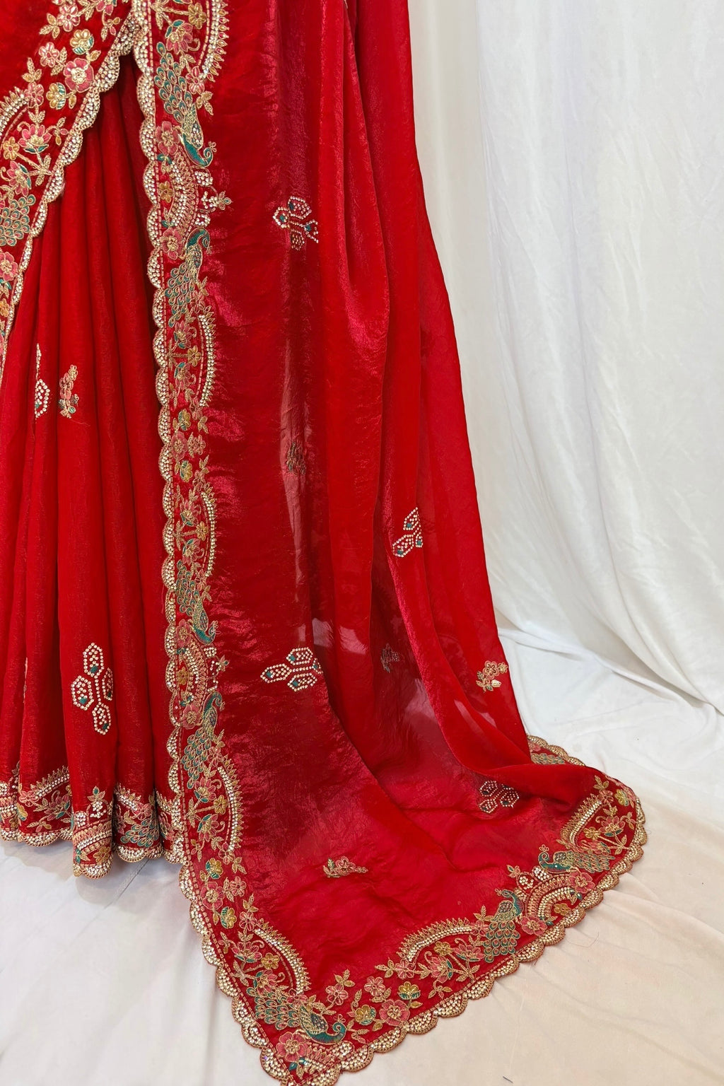 Red embellished fendy satin saree