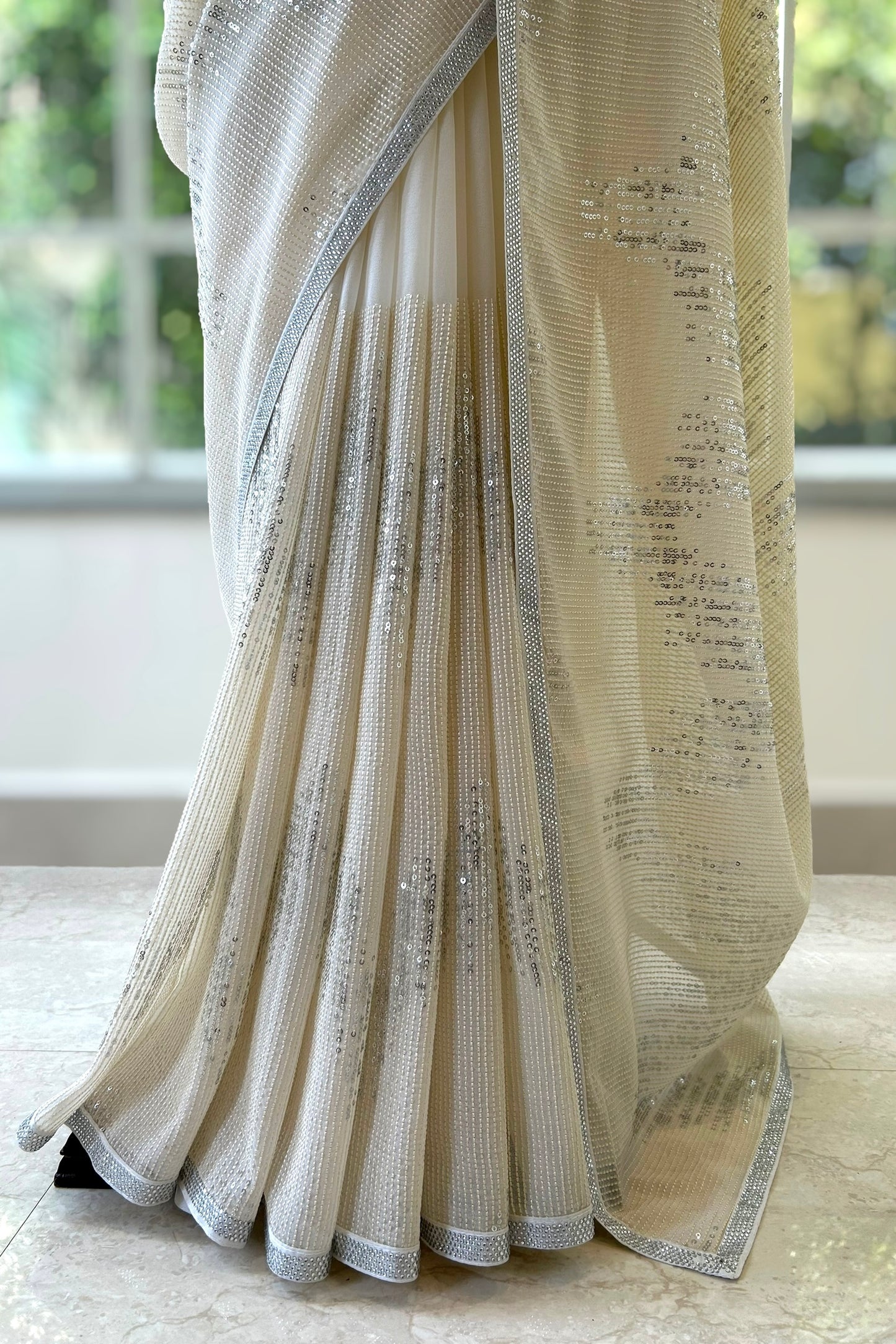 Off white sequins threadwork georgette saree