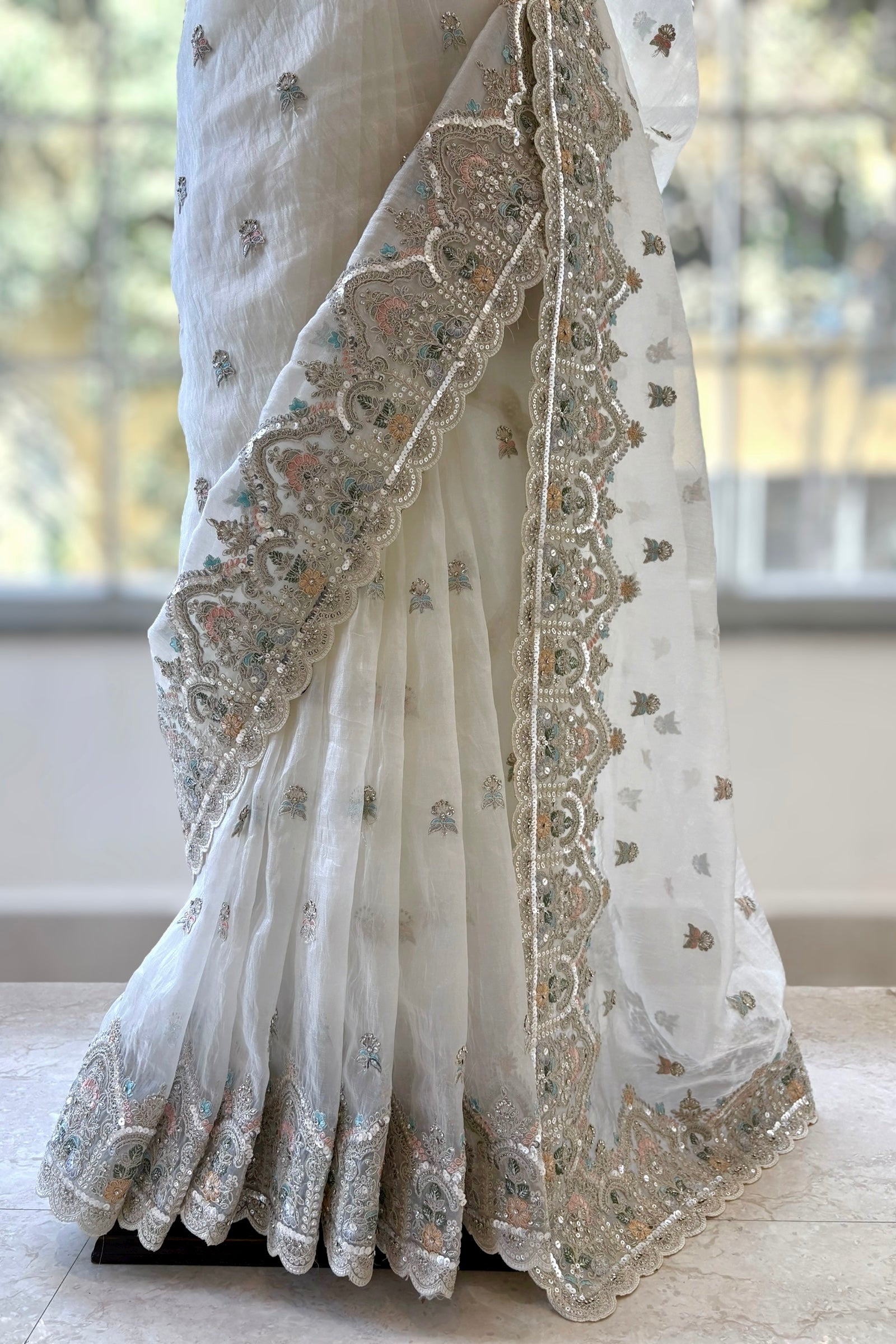 White organza sequins embellished saree