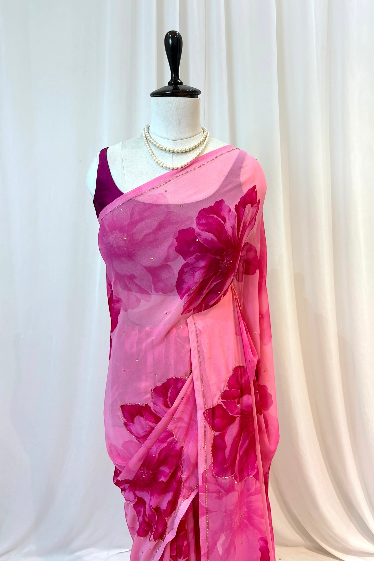 Pink floral embellished chiffon saree