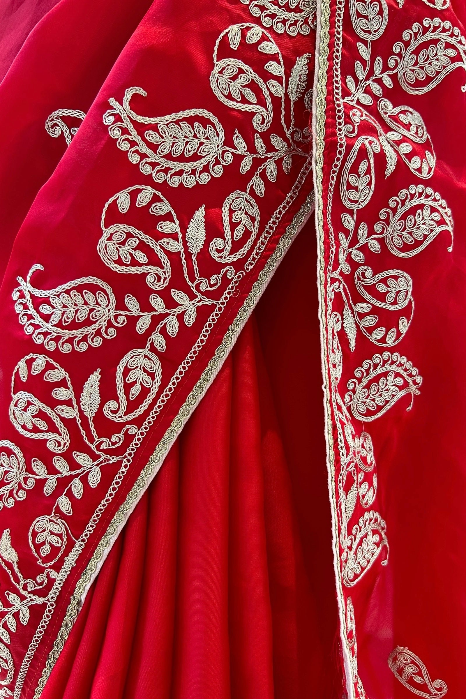 Satin chiffon aariwork saree - Red