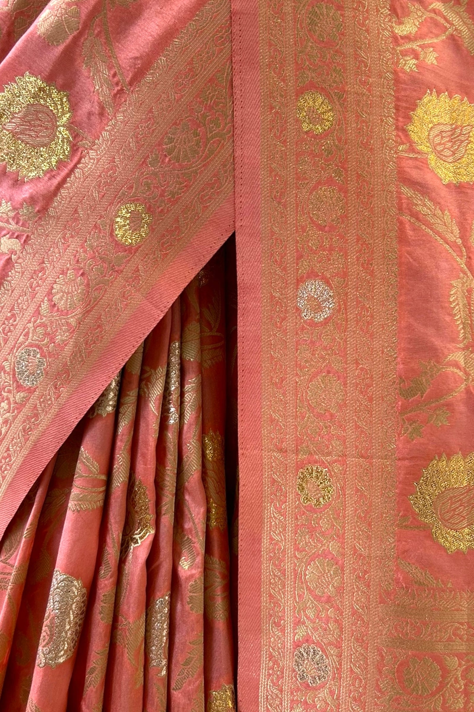 Peach silver golden soft silk saree