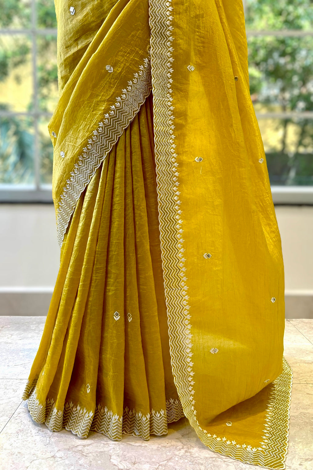 Yellow embroidered soft organza saree