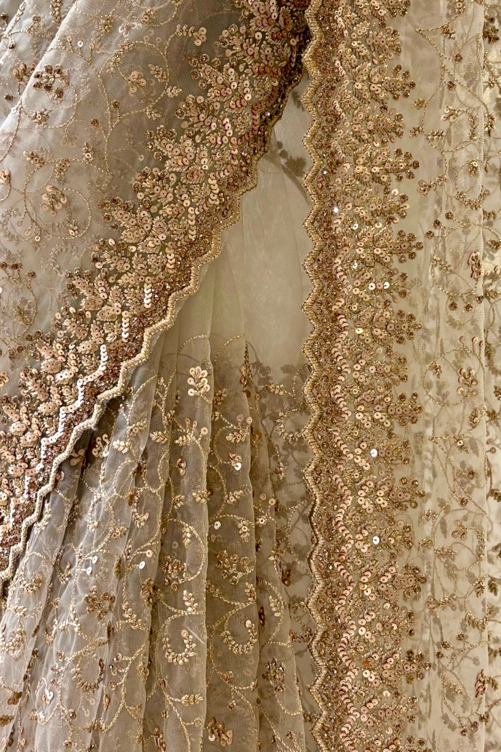 Golden sequins soft net saree - Full Work