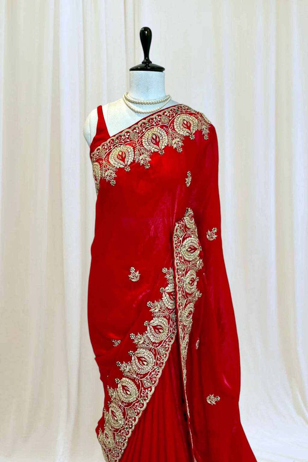 Red fendy satin embellished saree