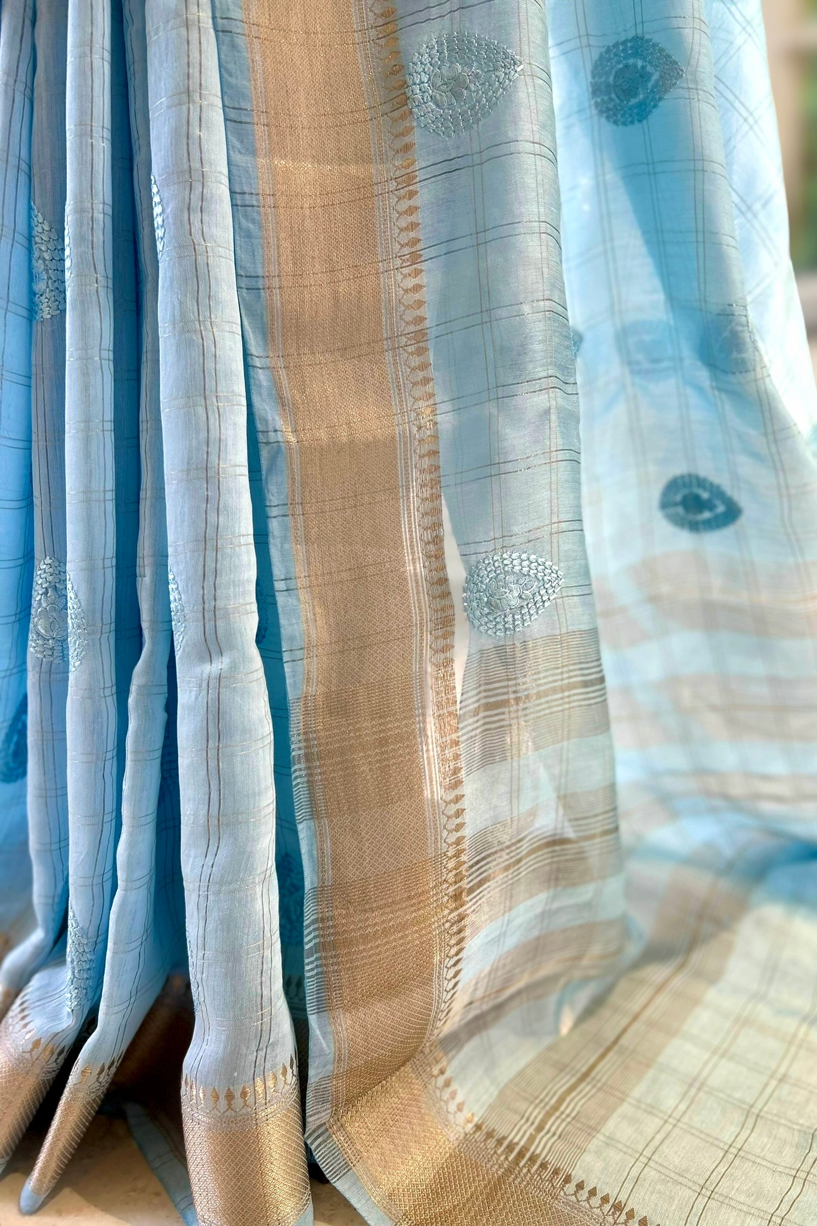 Soft embroidered zari cotton saree - Powder Blue