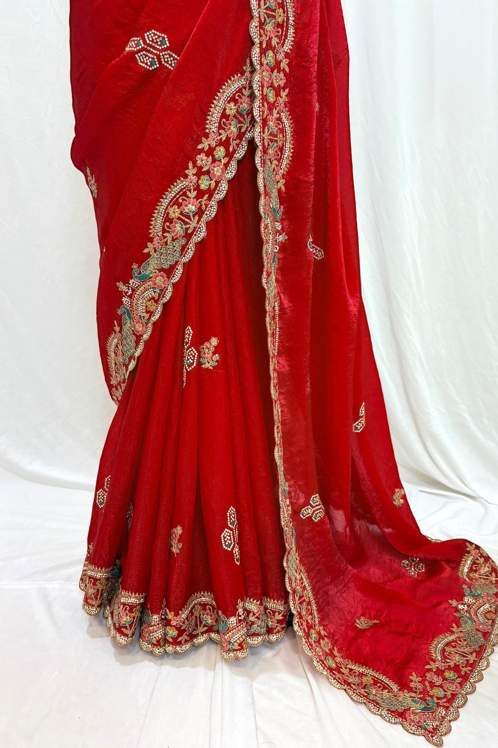 Red embellished fendy satin saree