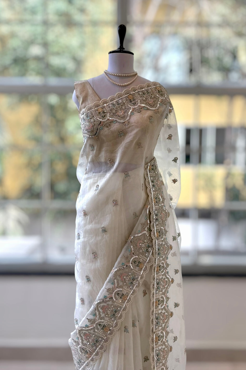 White organza sequins embellished saree