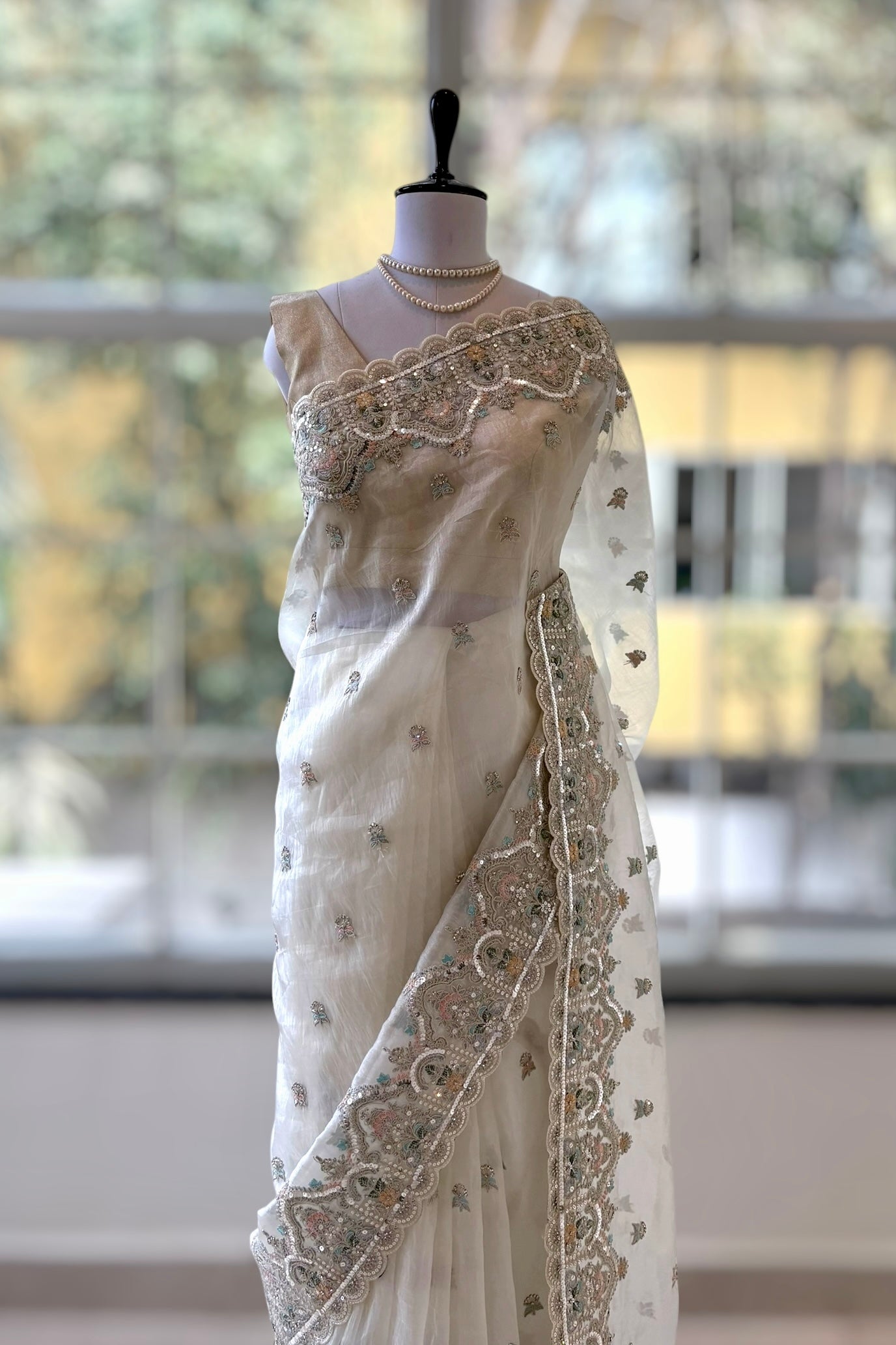 White organza sequins embellished saree