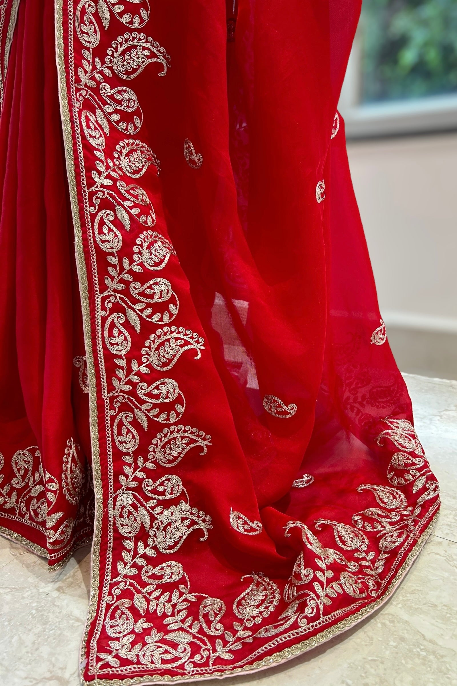 Aariwork satin chiffon saree - Red