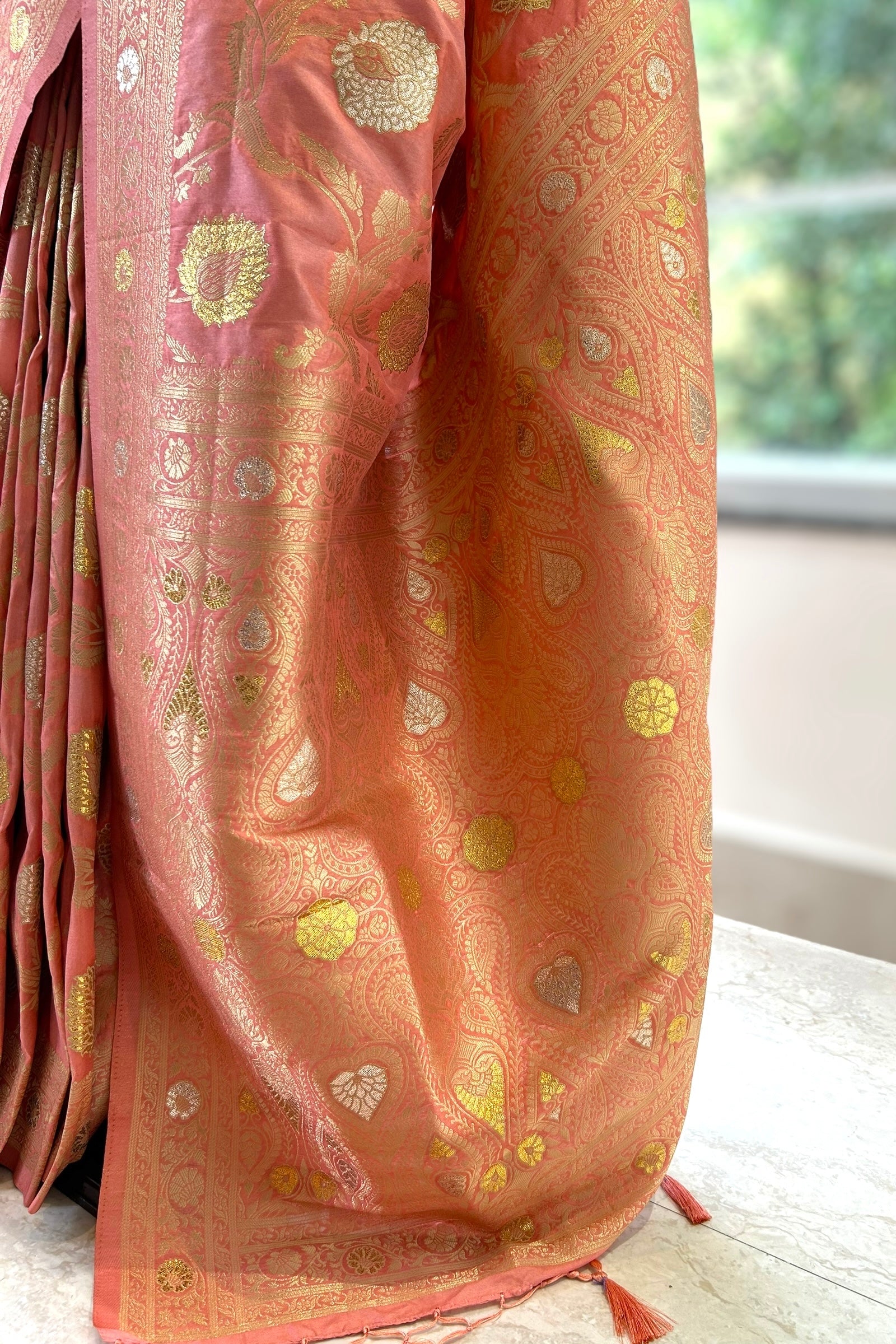 Peach silver golden soft silk saree