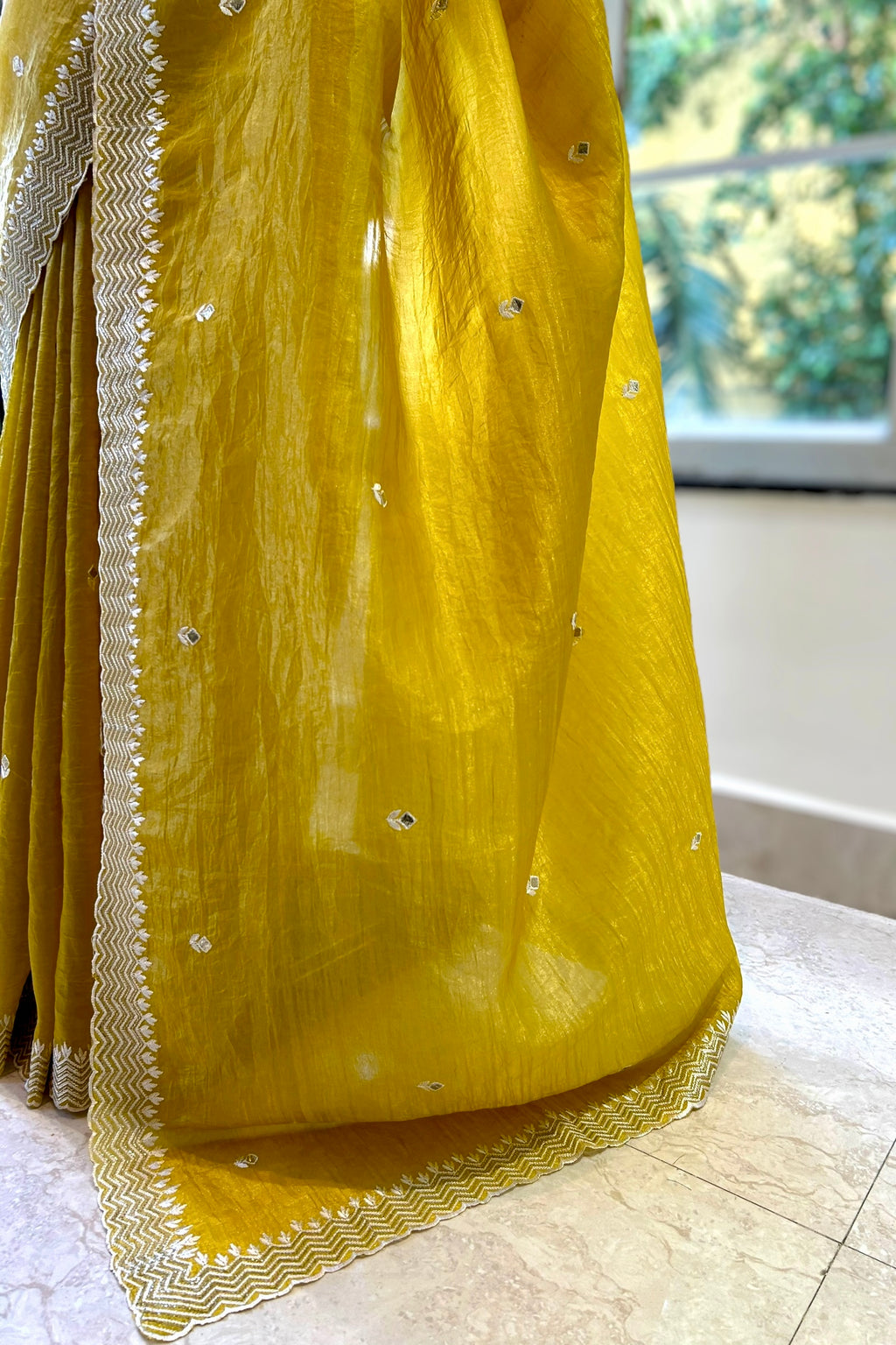 Yellow embroidered soft organza saree