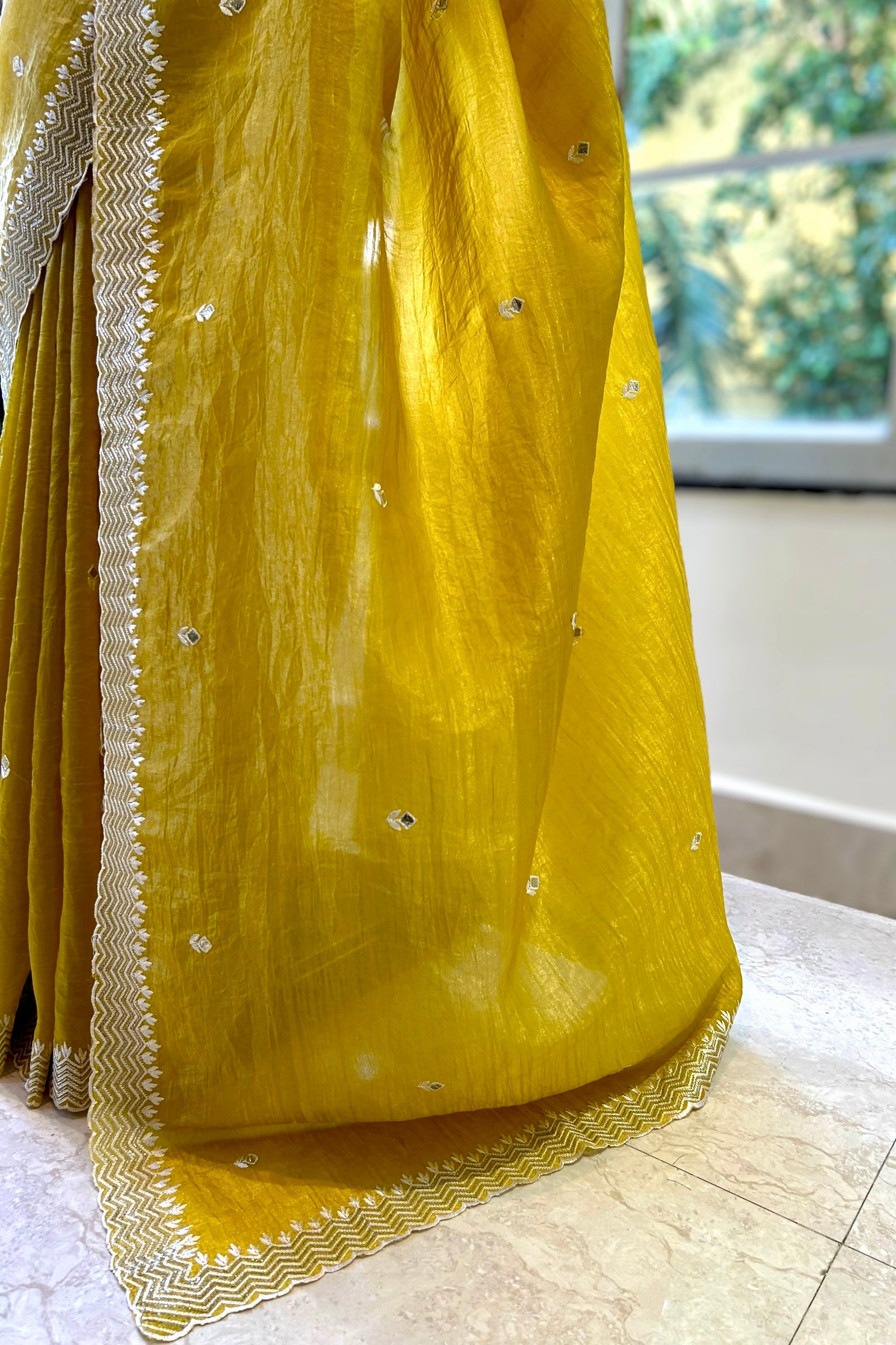 Yellow embroidered soft organza saree