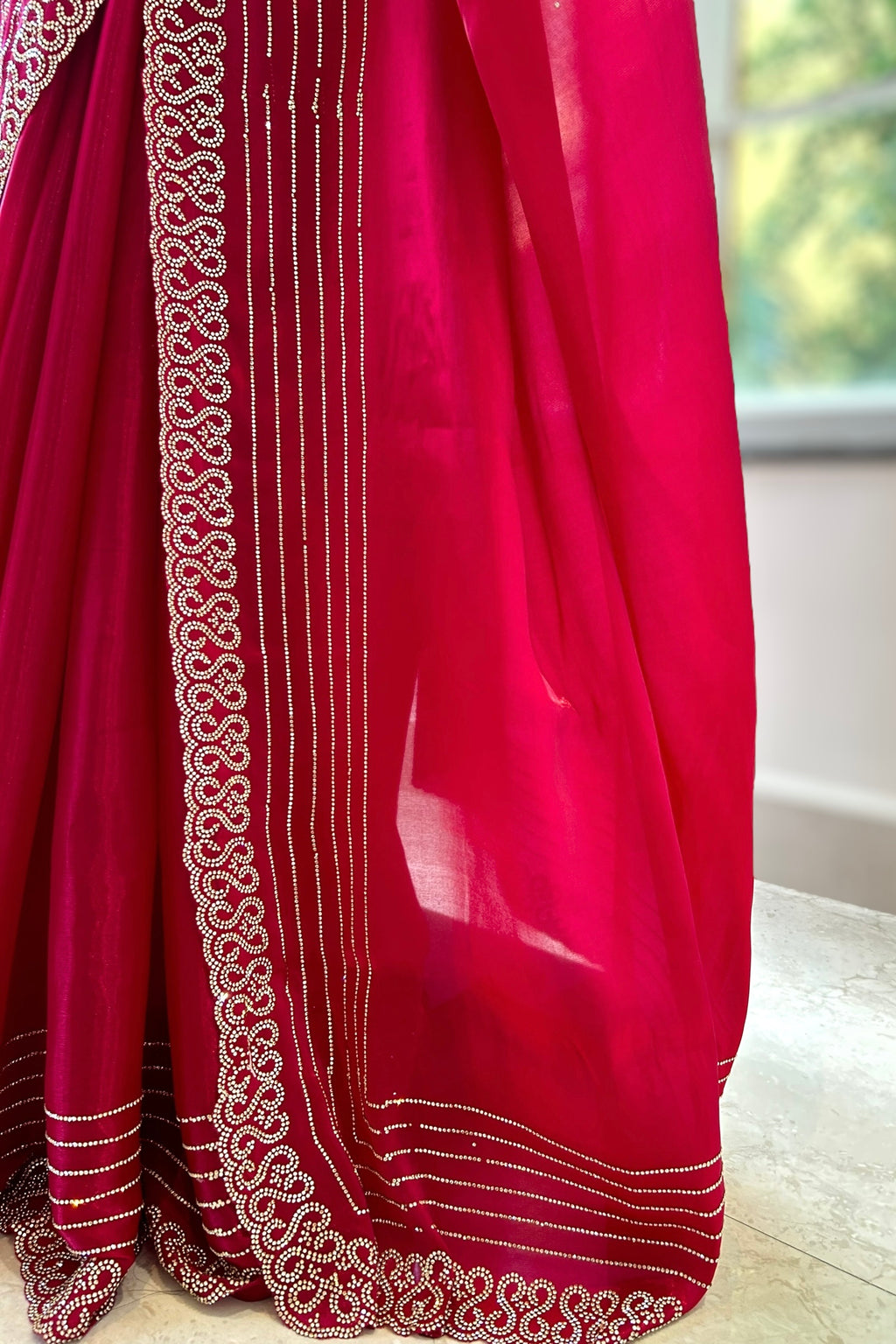 Swarovski sheen organza saree - Crimson