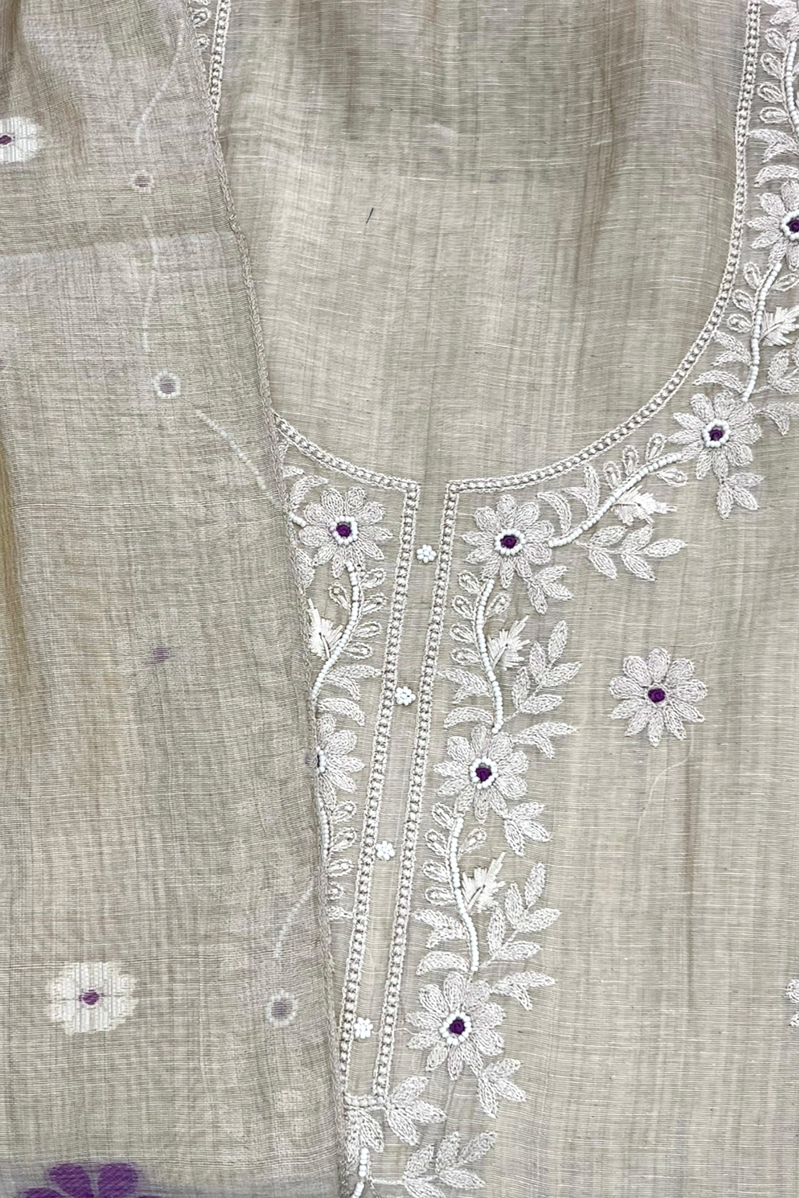 Pure linen embroidered unstitched suit set - Purple