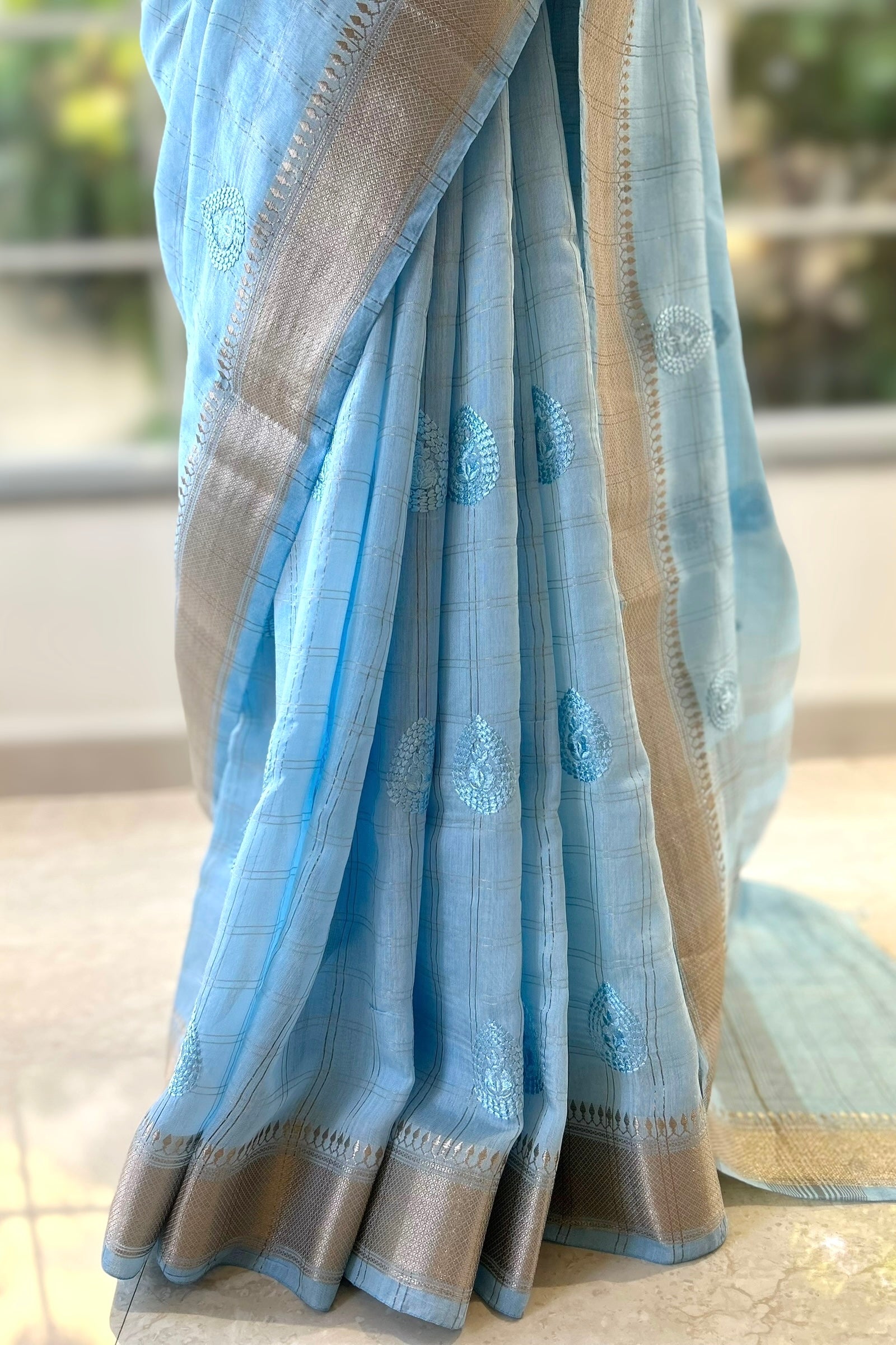 Soft embroidered zari cotton saree - Powder Blue