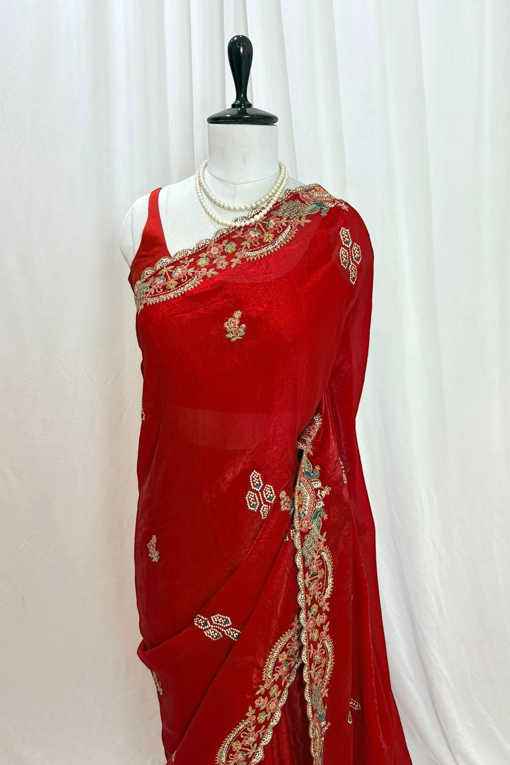 Red embellished fendy satin saree