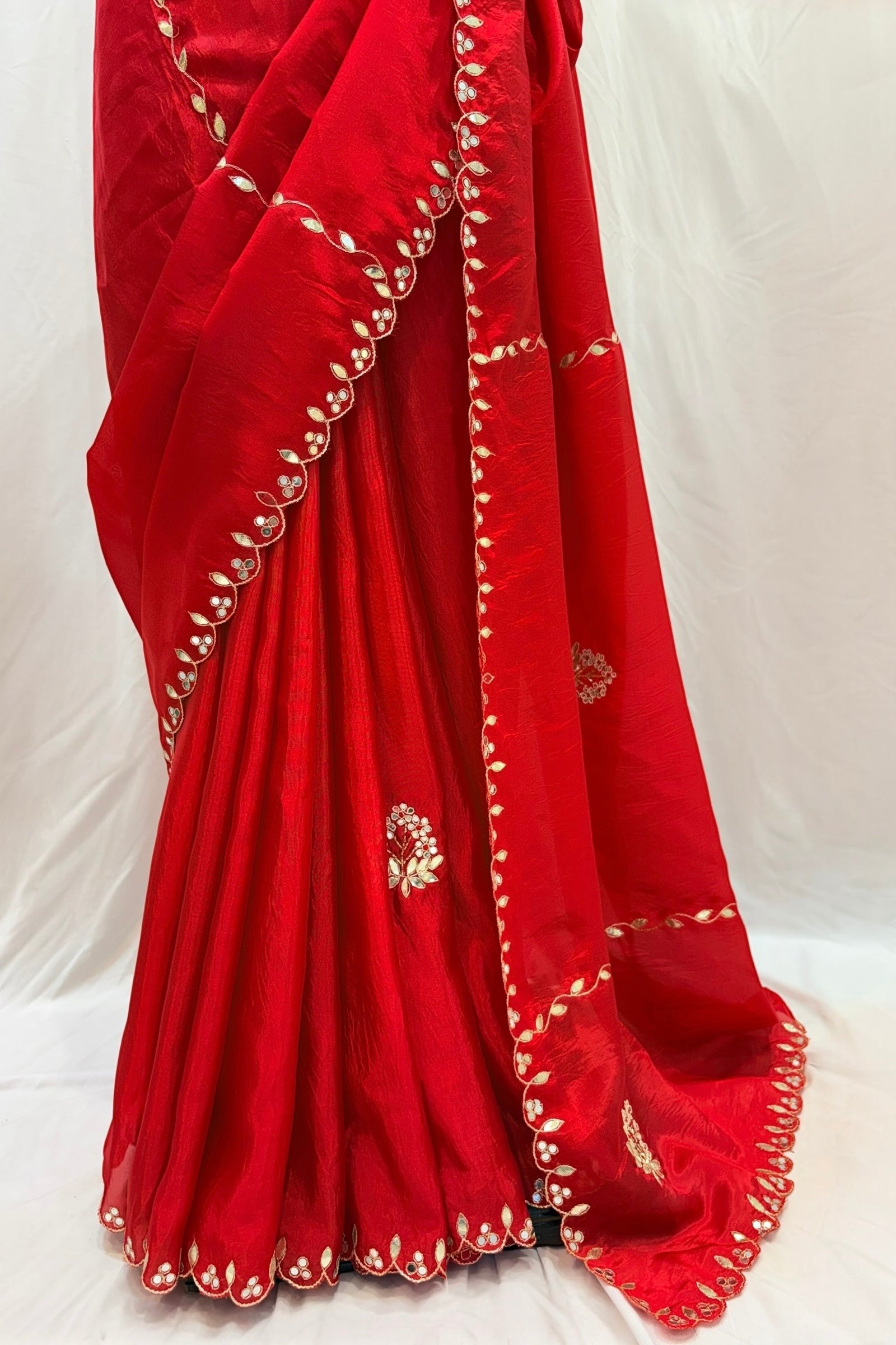 Red scallop gotta pati soft organza saree