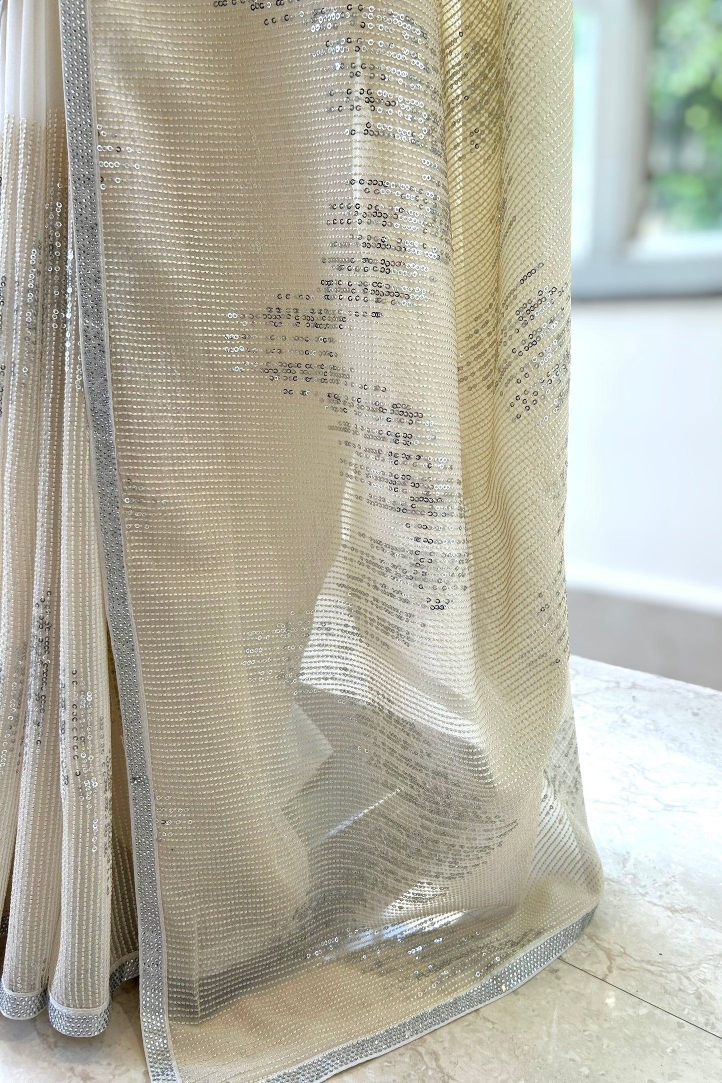 Off white sequins threadwork georgette saree