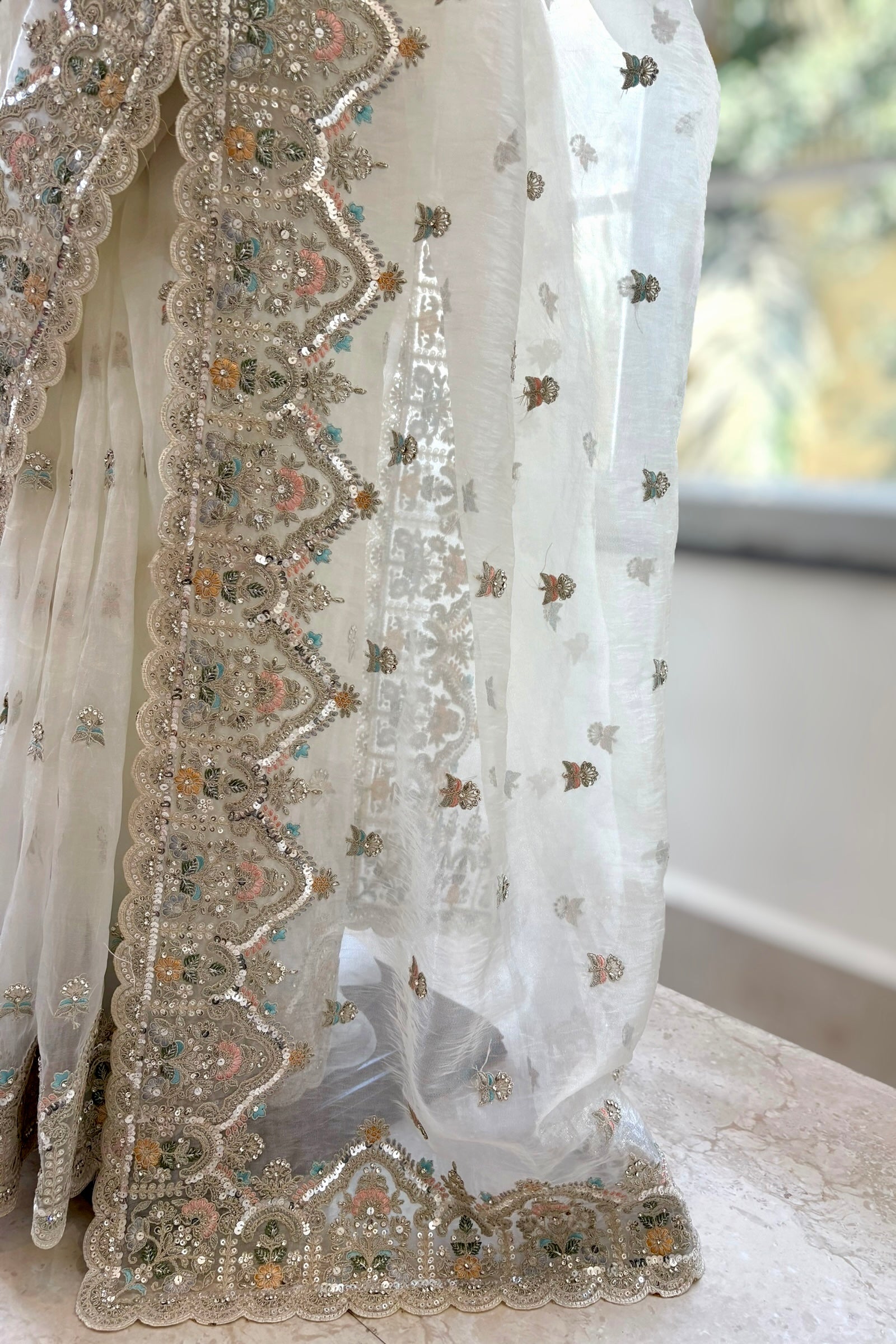 White organza sequins embellished saree