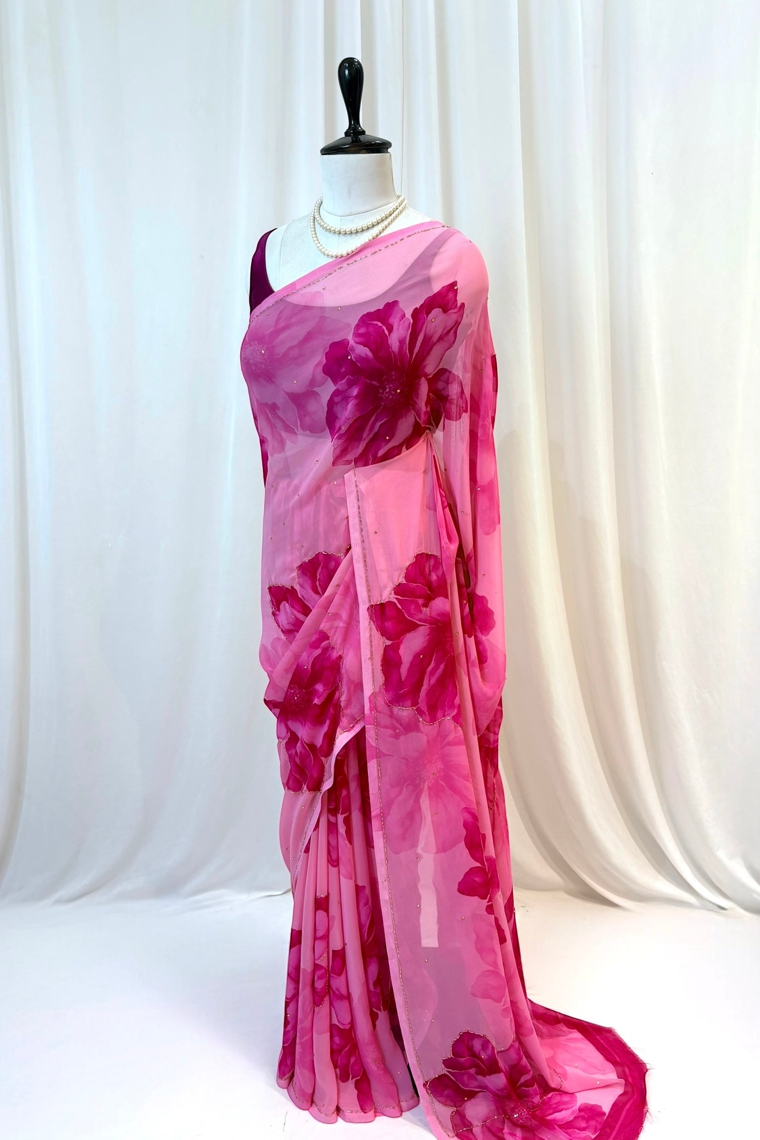 Pink floral embellished chiffon saree