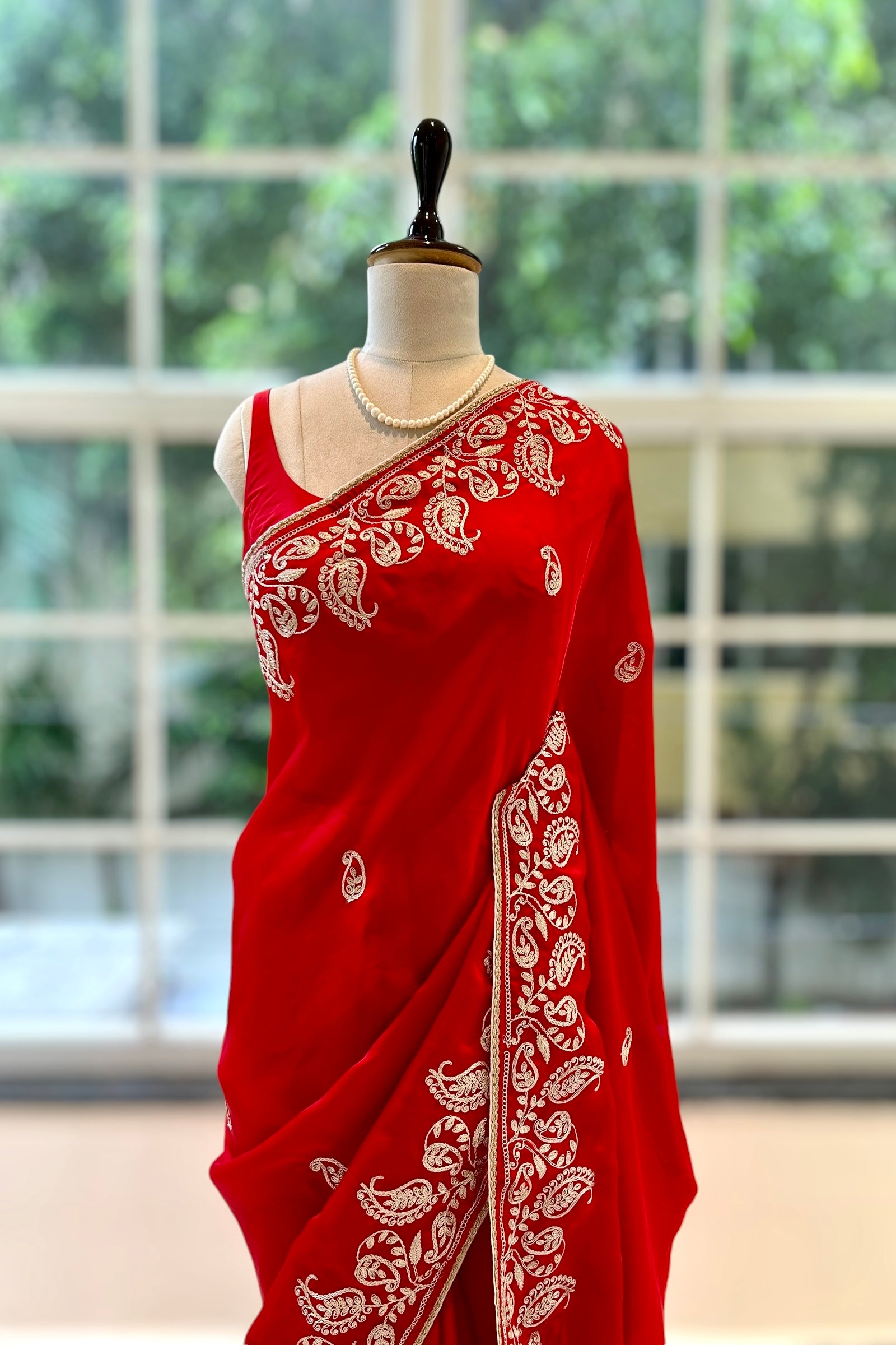 Satin chiffon aariwork saree - Red