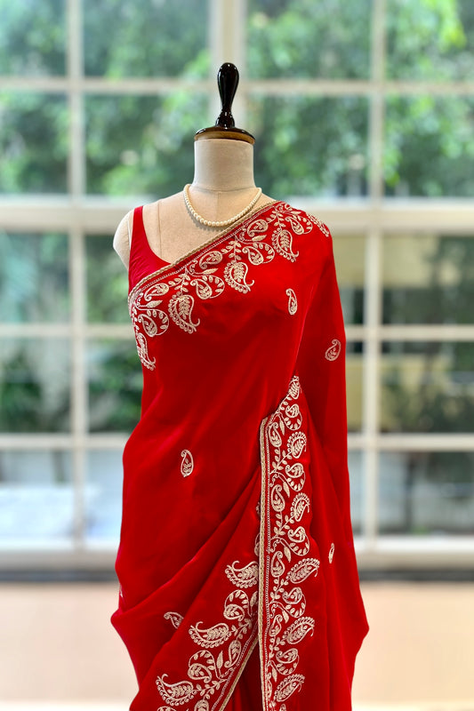 Satin chiffon aariwork saree - Red