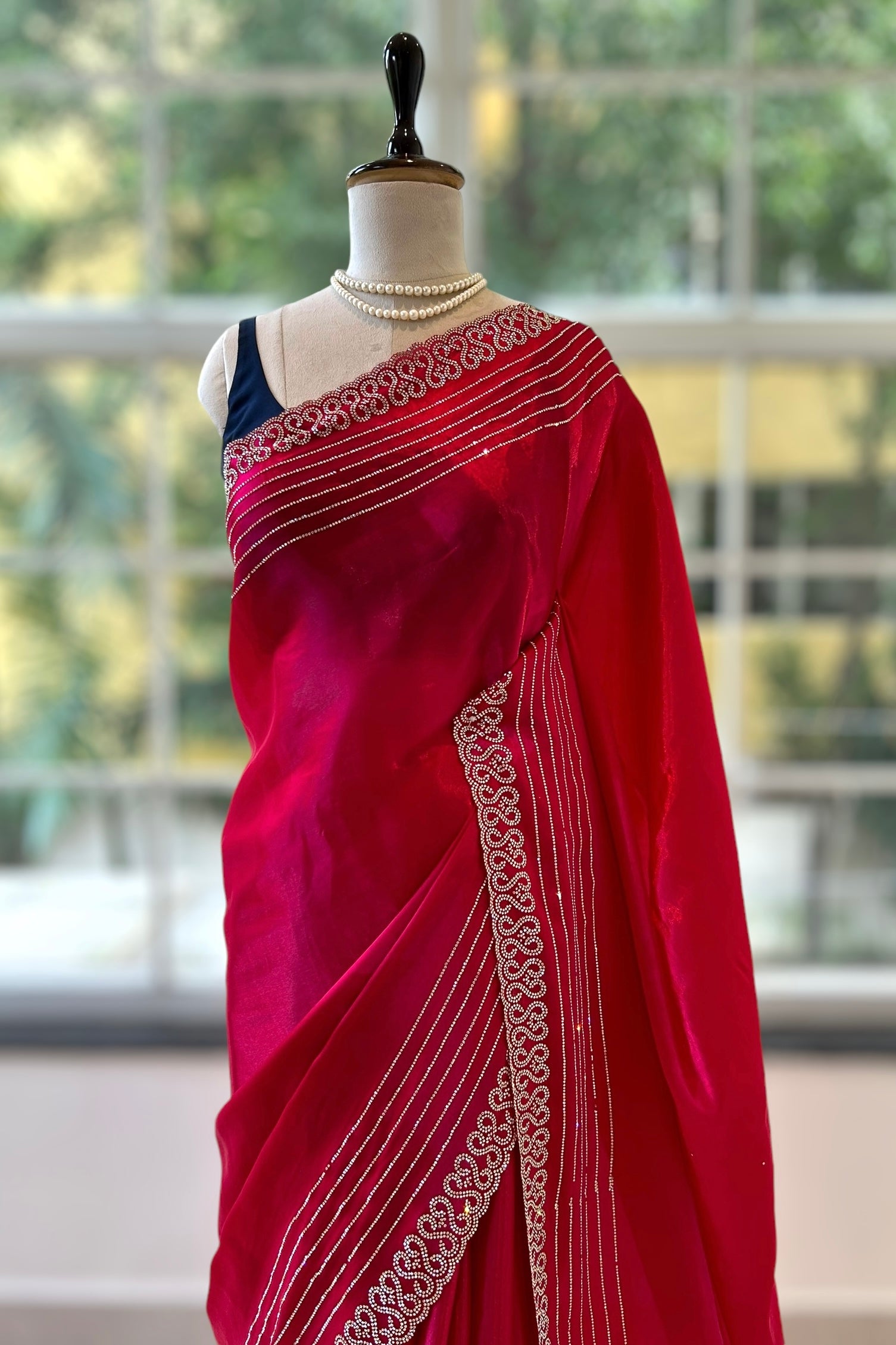 Swarovski sheen organza saree - Crimson
