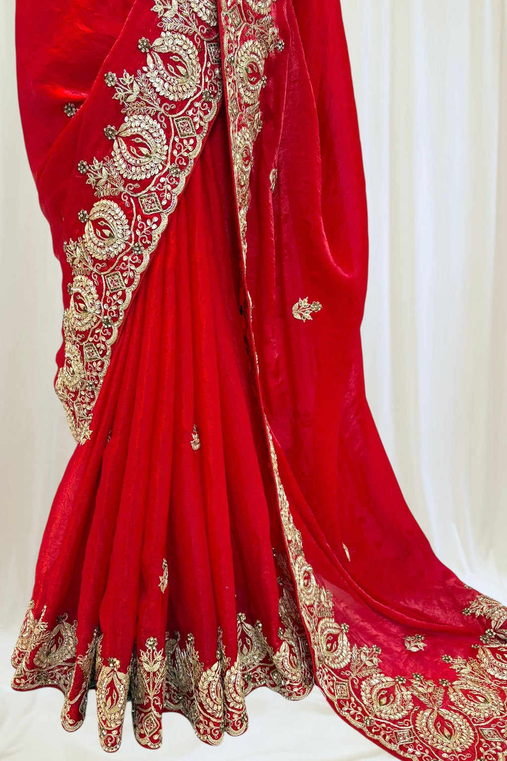 Red fendy satin embellished saree