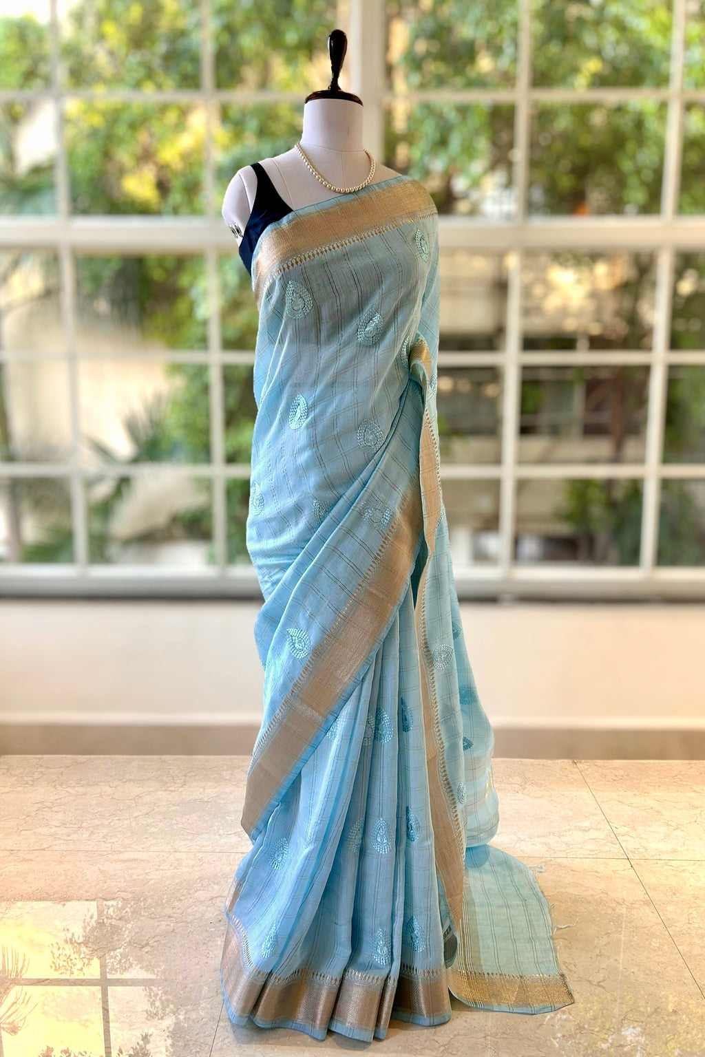 Soft embroidered zari cotton saree - Powder Blue