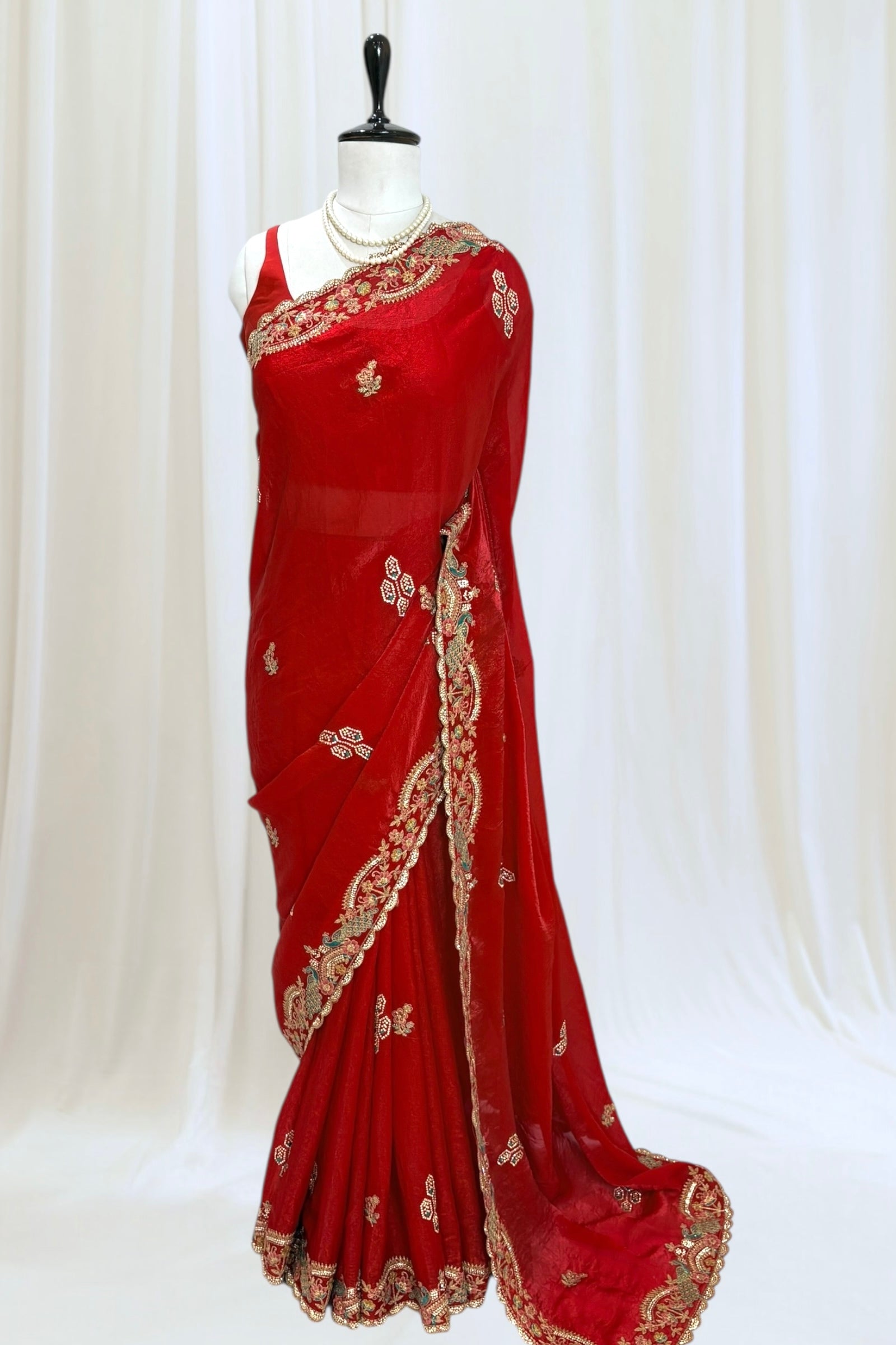 Red embellished fendy satin saree