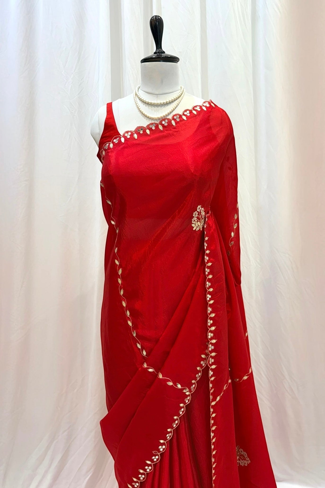 Red scallop gotta pati soft organza saree
