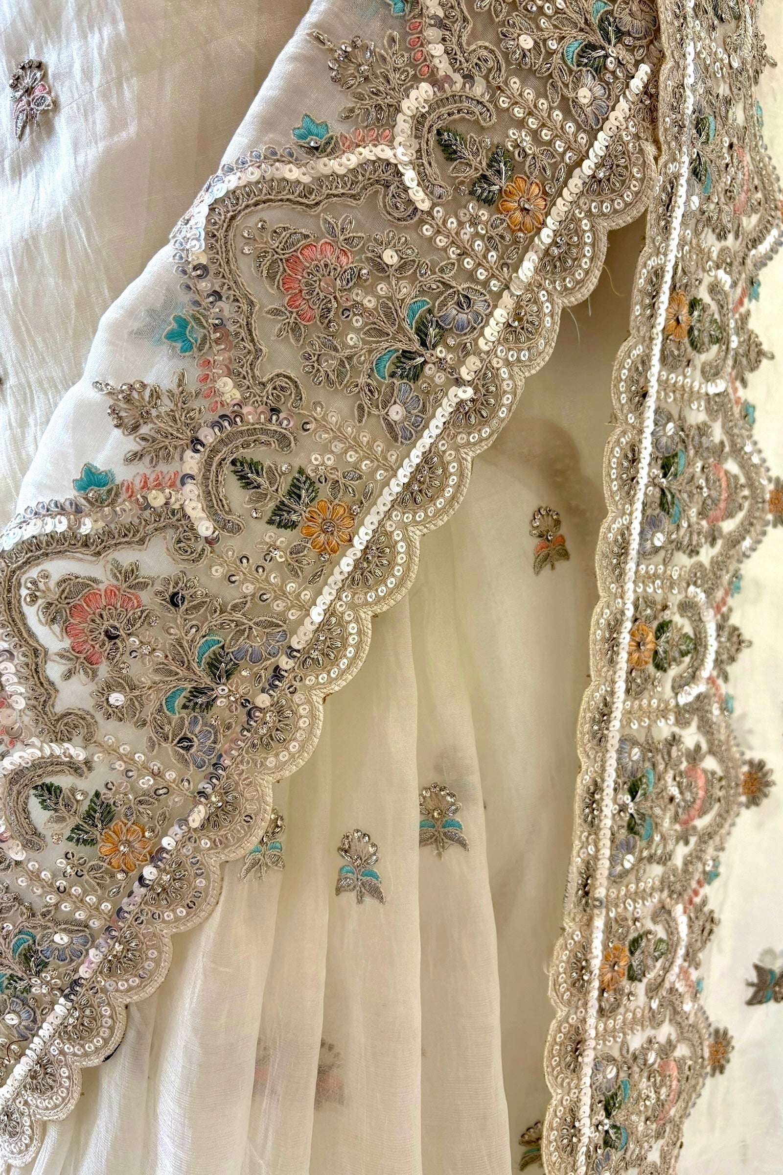 White organza sequins embellished saree