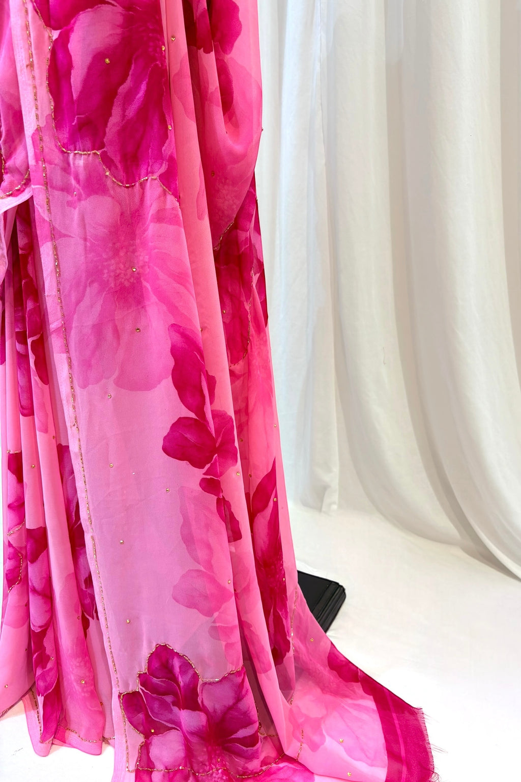 Pink floral embellished chiffon saree