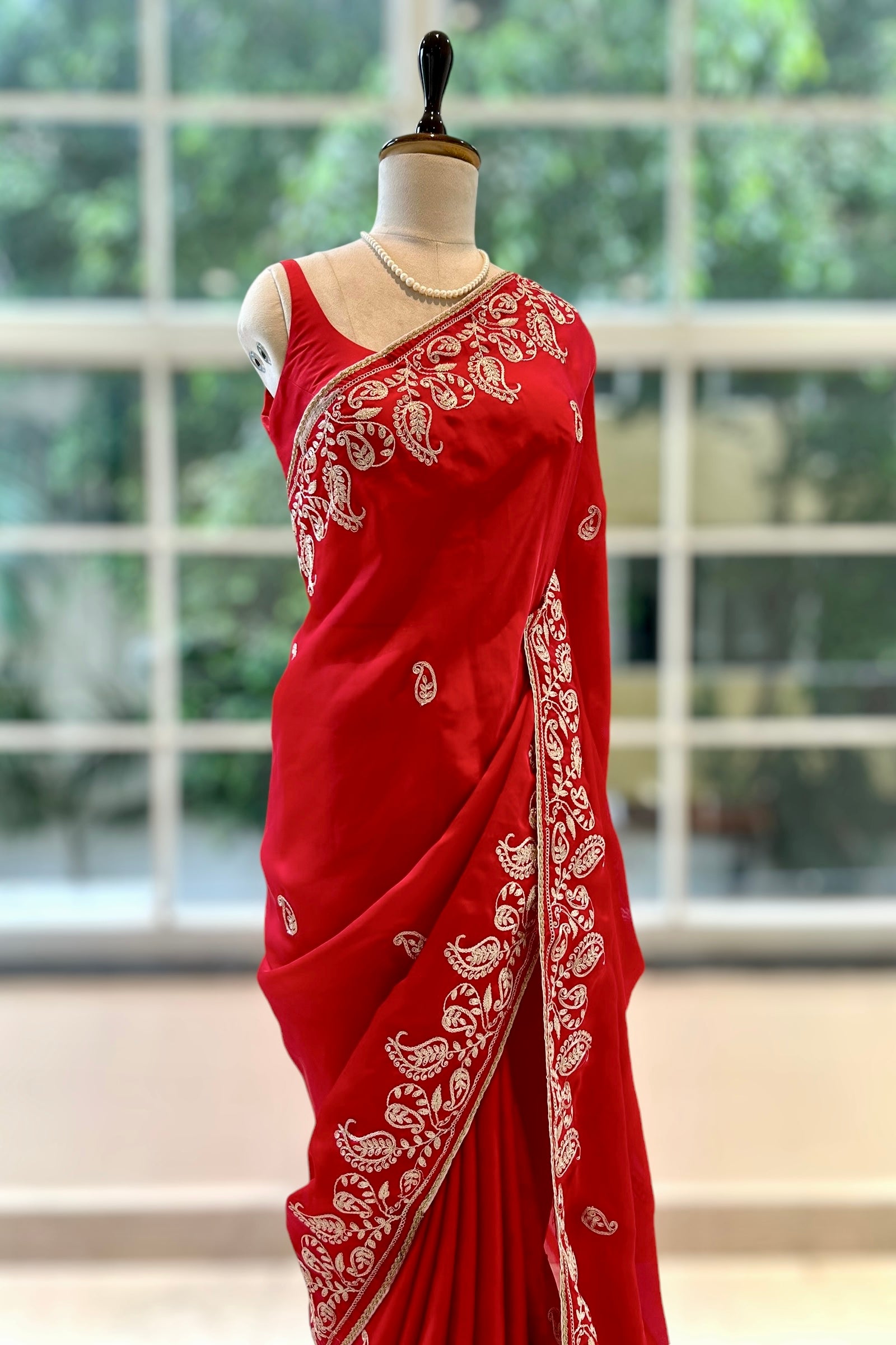 Satin chiffon aariwork saree - Red