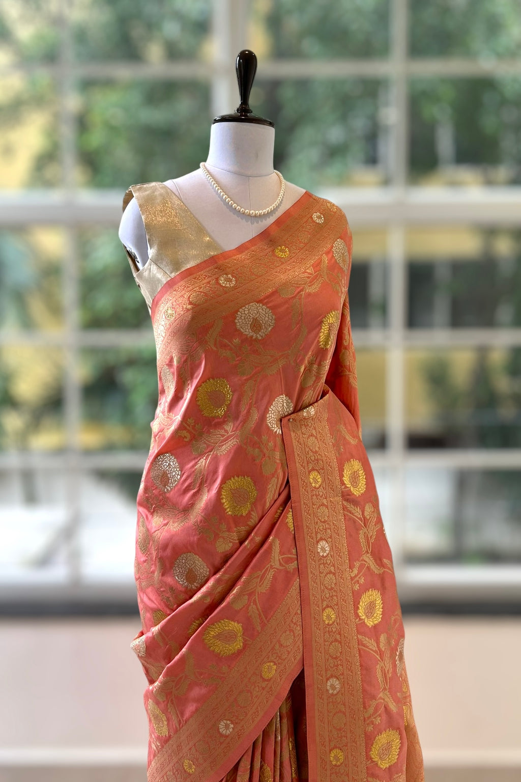 Peach silver golden soft silk saree