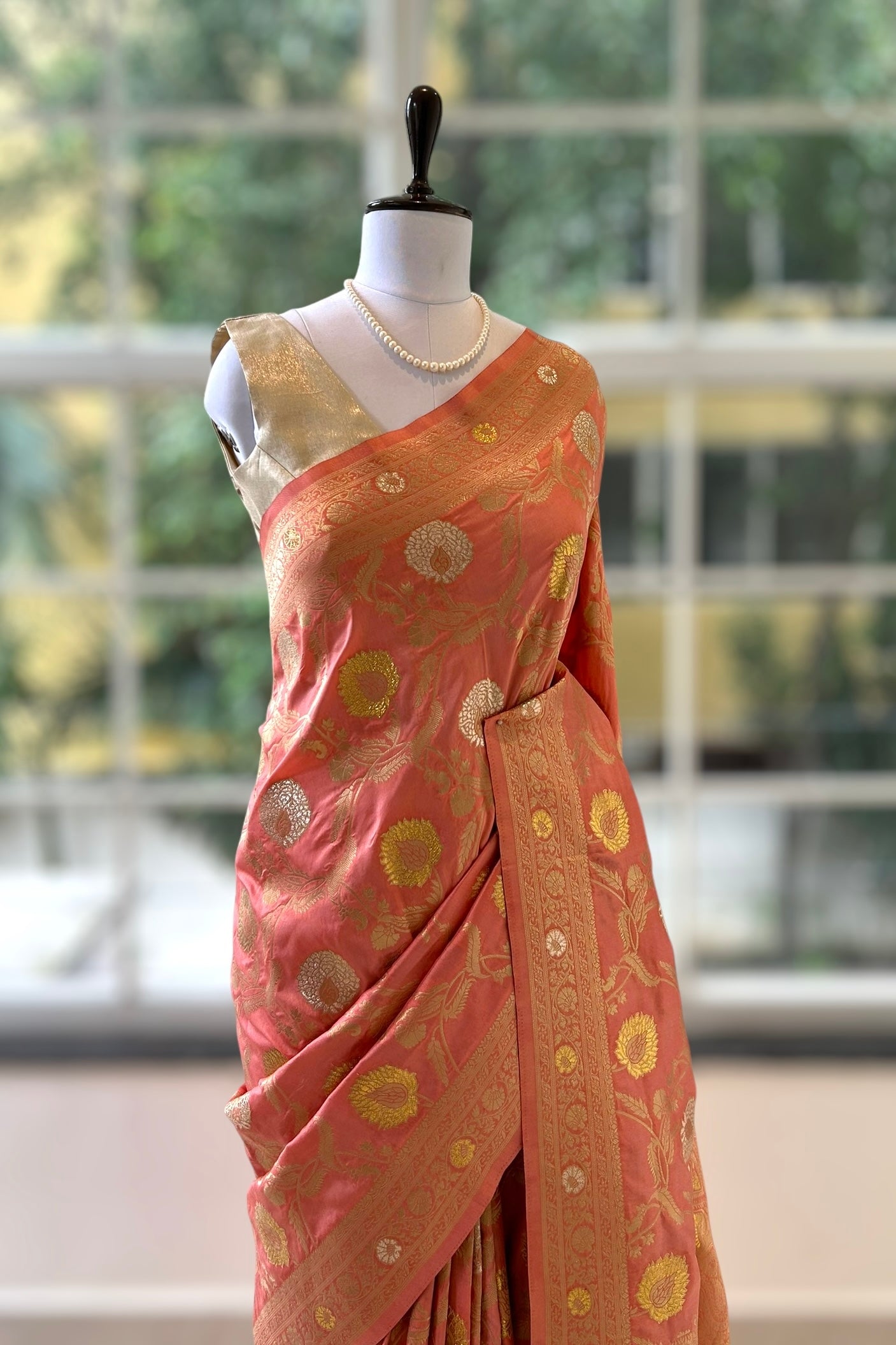 Peach silver golden soft silk saree